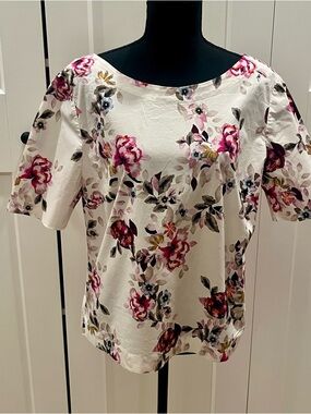 White House Black Market Floral Scoop-Neck Blouse in White with Pink Accents